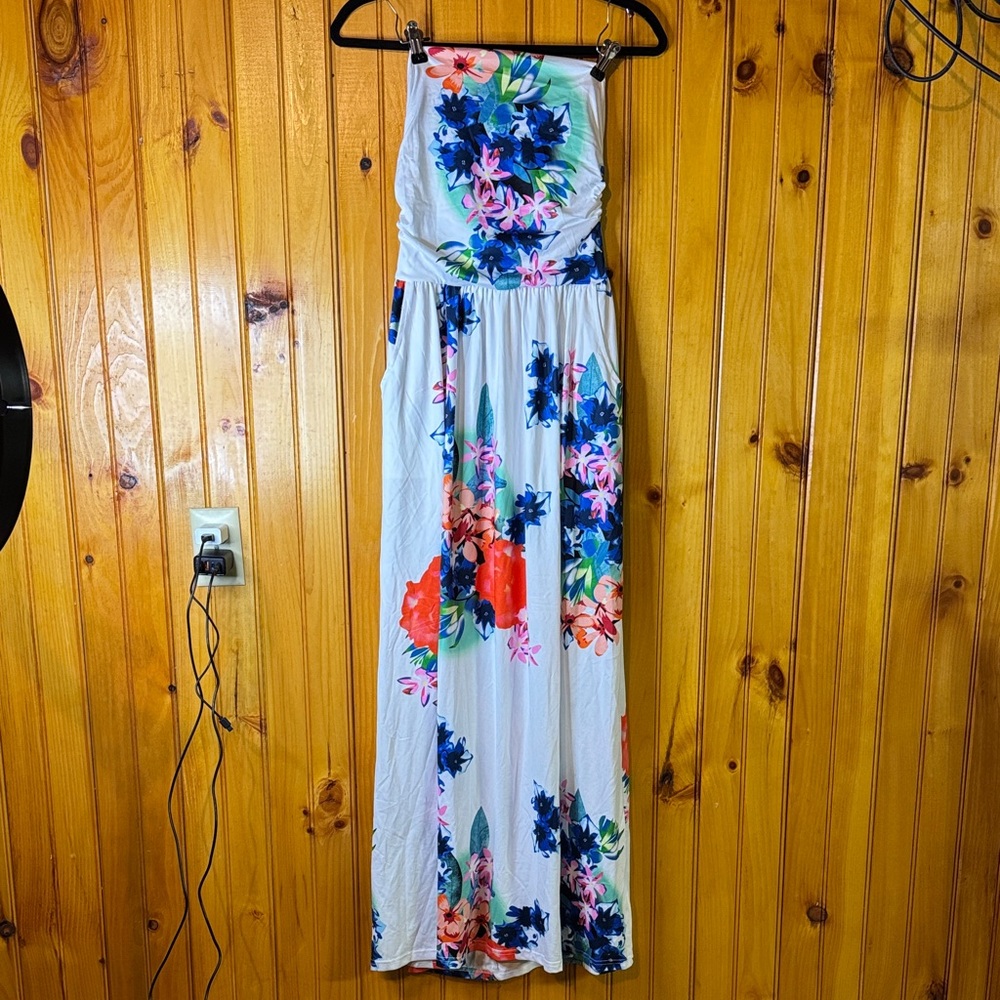 Floral Sleeveless Maxi Dress- White with Multicolor Design